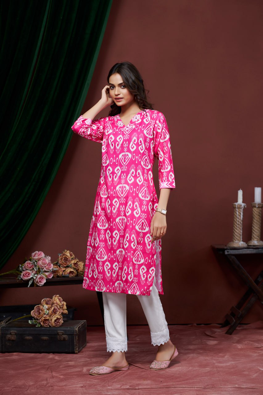Rivasha Fashion Women Cotton Linen With Printed Kurti - Pink