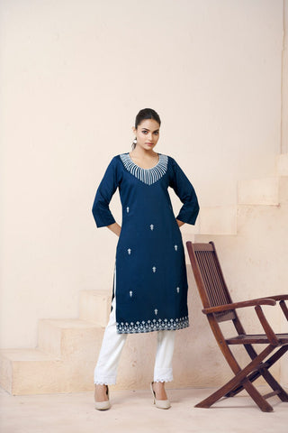 Rivasha Fashion Viscose Rayon Printed & Embroidery Kurti - Blue