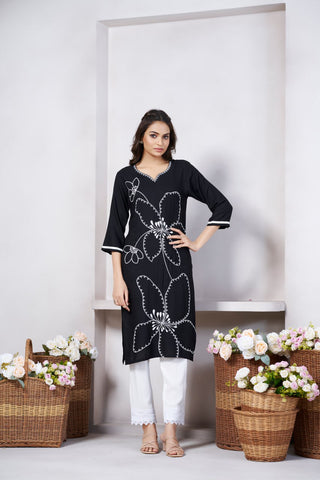 Rivasha Fashion Viscose Rayon Printed & Embroidery Kurti - Black