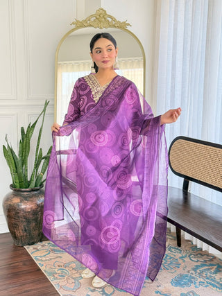 Rivasha Fashion Women Rayon With Embroidery Work Kurti With Dupatta and Pant - Purple
