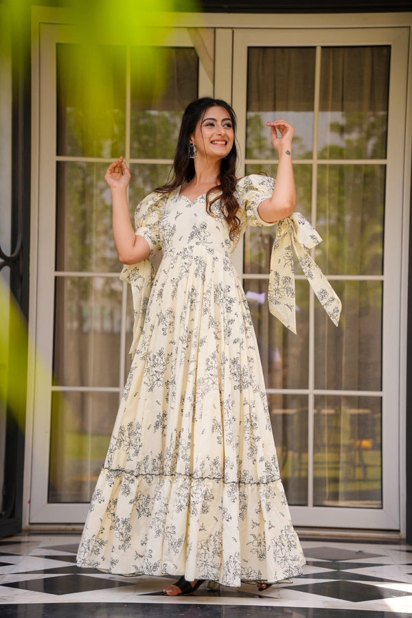 Rivasha fashion Women Rayon Floral Printed Anarkali Gown - Off White