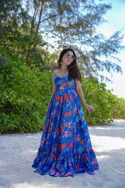 Rivasha fashion Women Rayon Floral Printed Anarkali Gown - Blue