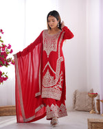 Thumbnail for Rivasha Fashion Women Pure Vichitra Silk Fabric With Beautiful Embroidery Sequence And Dori Work Kurta With Dupatta And Trousers - Red