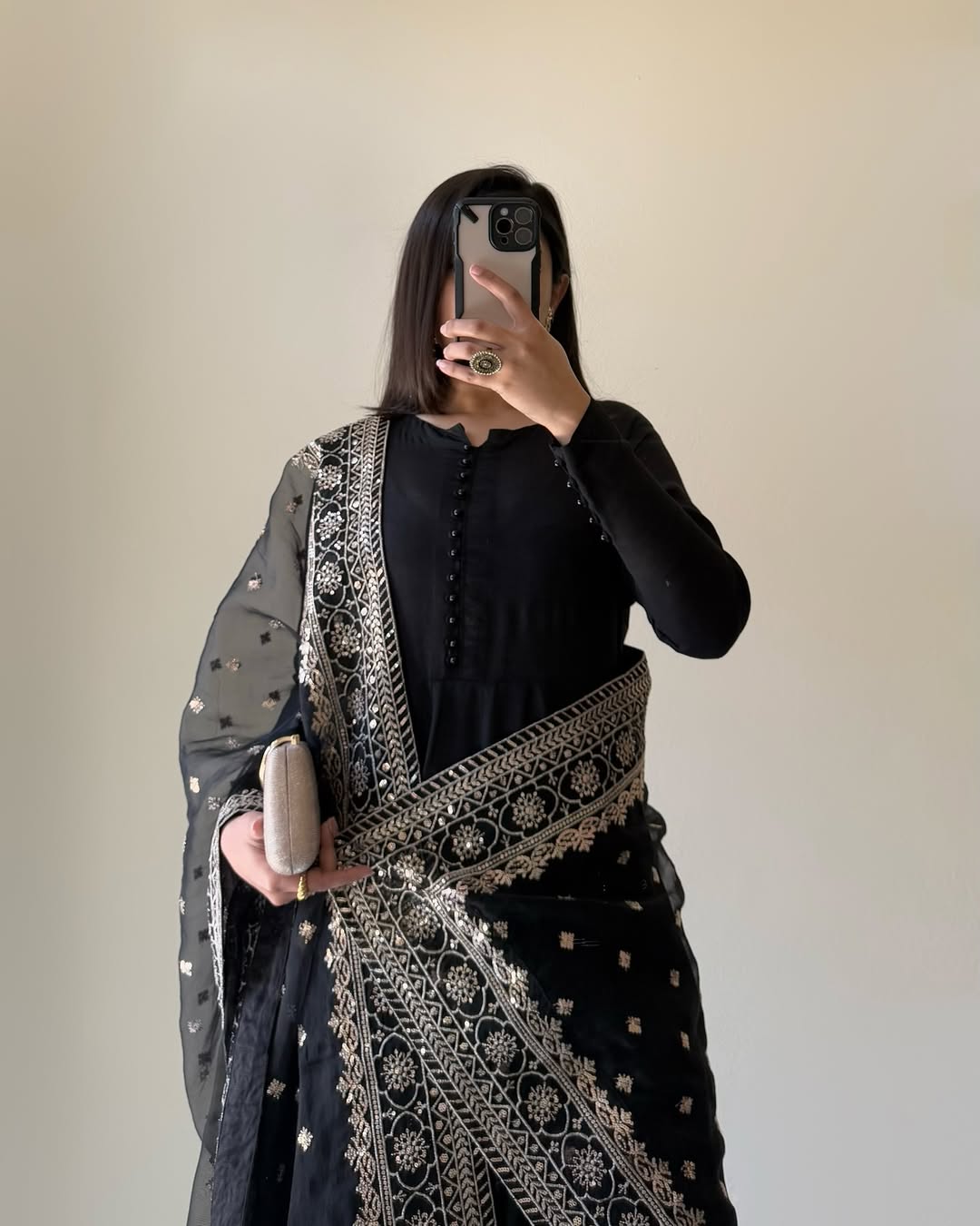 Rivasha Fashion Women Pure Fox Georgette Fabric With Yoke And Sleeve Potli Button Work Kurta With Dupatta And Palazzo - Black