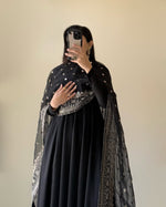 Thumbnail for Rivasha Fashion Women Pure Fox Georgette Fabric With Yoke And Sleeve Potli Button Work Kurta With Dupatta And Palazzo - Black