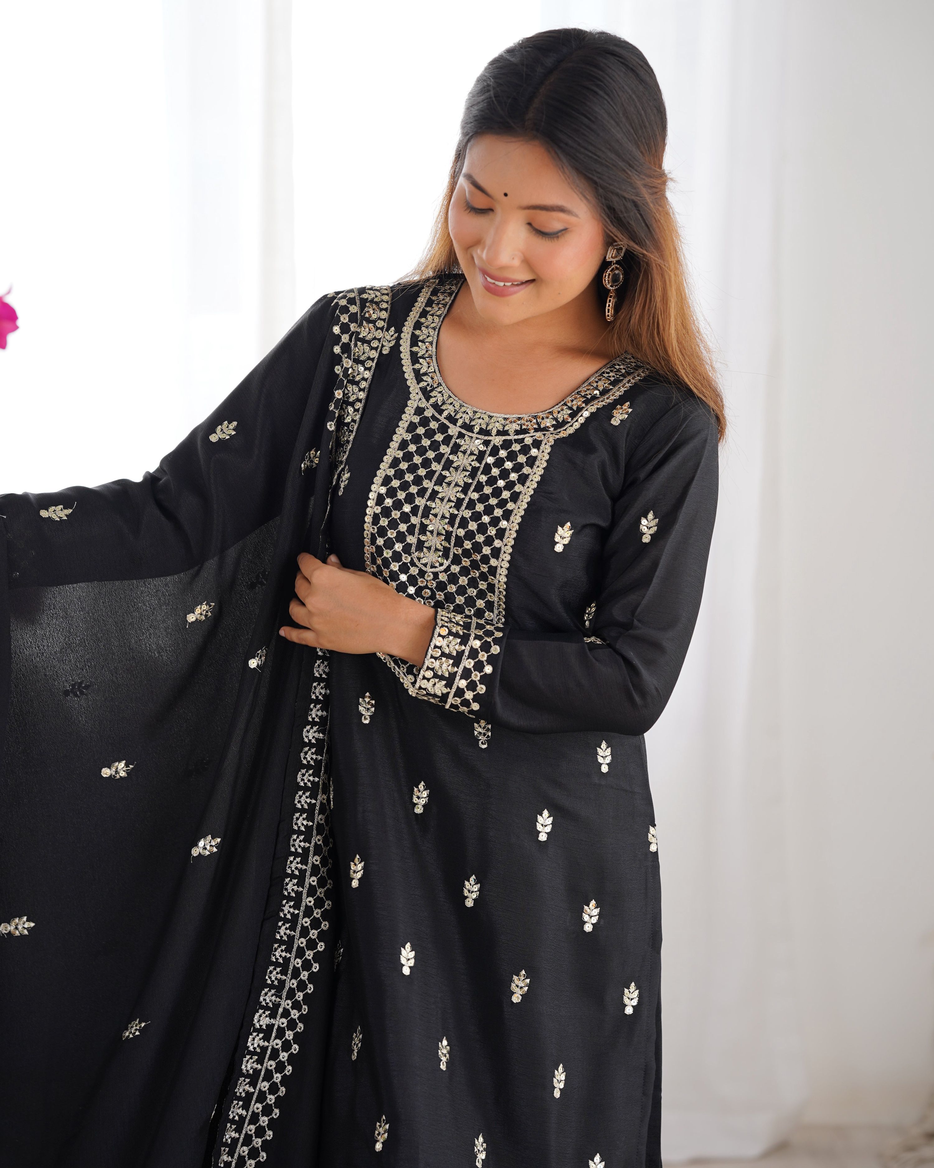 Rivasha Fashion Women Pure Chinon Silk Fabric With Beautiful Embroidery Sequence And Zari Work Kurta With Dupatta And Palazzo - Black