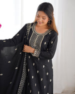 Thumbnail for Rivasha Fashion Women Pure Chinon Silk Fabric With Beautiful Embroidery Sequence And Zari Work Kurta With Dupatta And Palazzo - Black