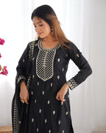 Thumbnail for Rivasha Fashion Women Pure Chinon Silk Fabric With Beautiful Embroidery Sequence And Zari Work Kurta With Dupatta And Palazzo - Black