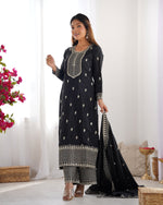 Thumbnail for Rivasha Fashion Women Pure Chinon Silk Fabric With Beautiful Embroidery Sequence And Zari Work Kurta With Dupatta And Palazzo - Black