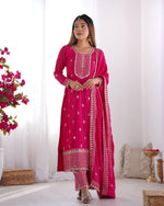 Thumbnail for Rivasha Fashion Women Pure Chinon Silk Fabric With Beautiful Embroidery Sequence And Zari Work Kurta With Dupatta And Palazzo - Pink