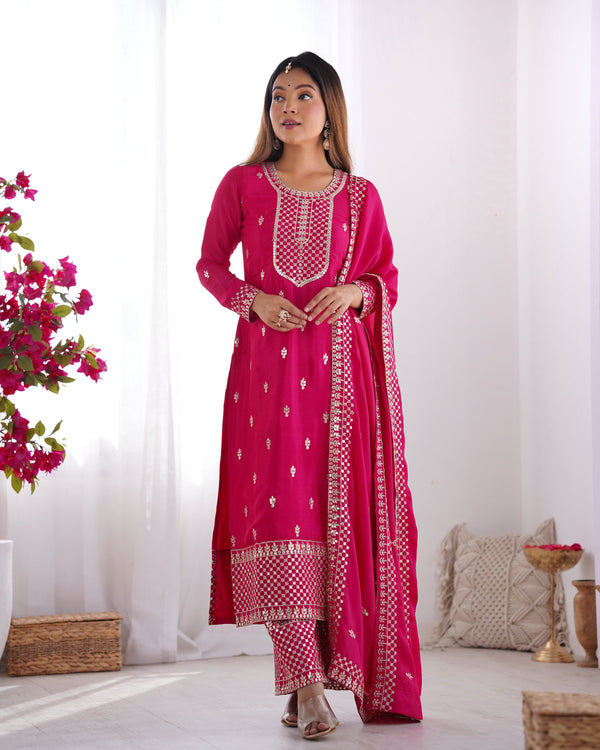 Rivasha Fashion Women Pure Chinon Silk Fabric With Beautiful Embroidery Sequence And Zari Work Kurta With Dupatta And Palazzo - Pink