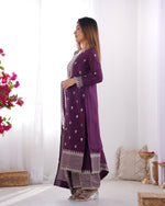 Thumbnail for Rivasha Fashion Women Pure Chinon Silk Fabric With Beautiful Embroidery Sequence And Zari Work Kurta With Dupatta And Palazzo - Wine