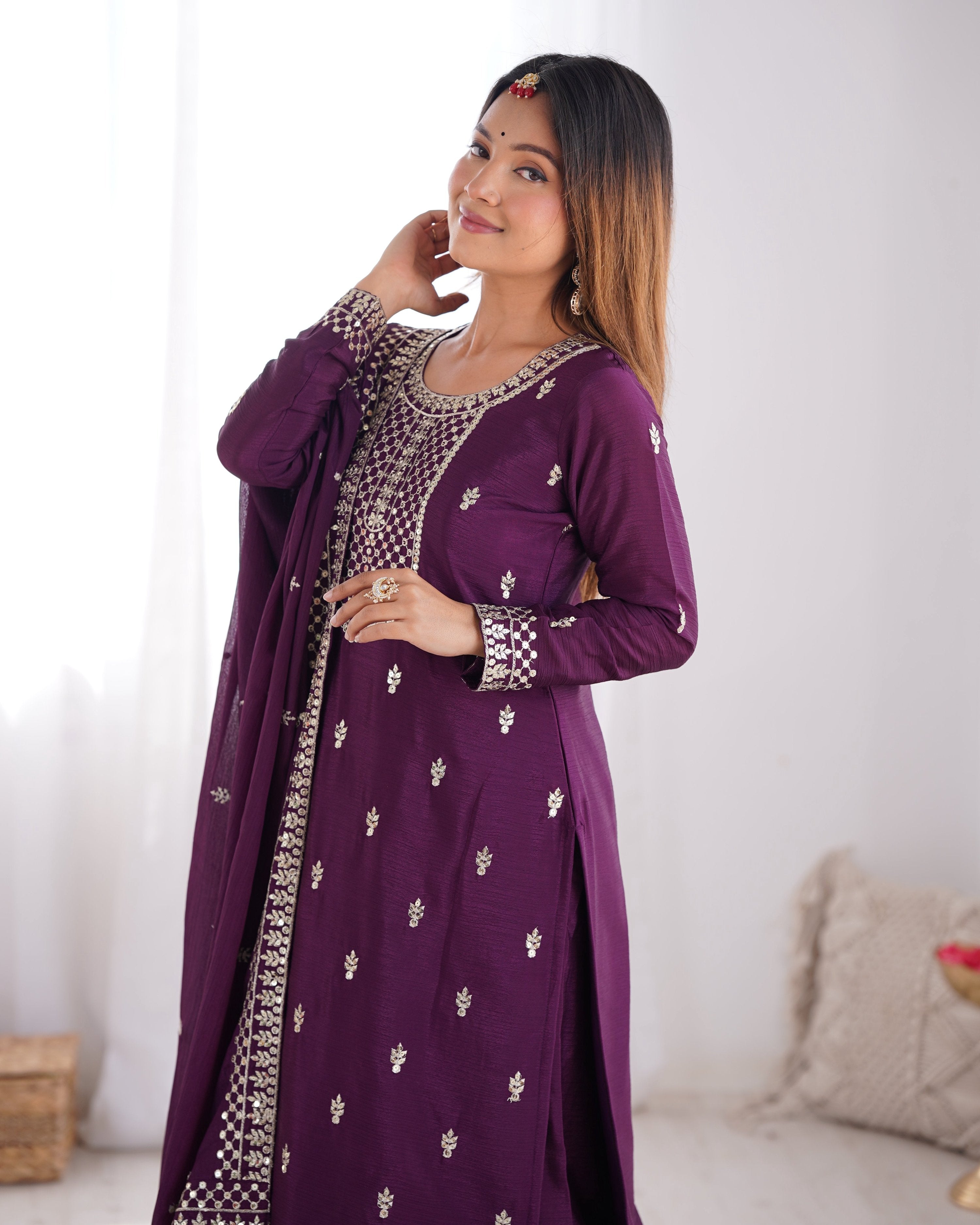 Rivasha Fashion Women Pure Chinon Silk Fabric With Beautiful Embroidery Sequence And Zari Work Kurta With Dupatta And Palazzo - Wine