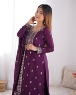 Thumbnail for Rivasha Fashion Women Pure Chinon Silk Fabric With Beautiful Embroidery Sequence And Zari Work Kurta With Dupatta And Palazzo - Wine