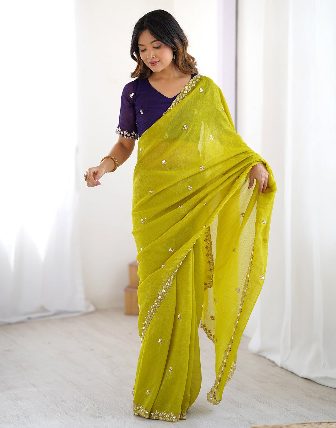 Rivasha Fashion Women Crunchy Cloth With Heavy Multi Embroidery Saree - Green