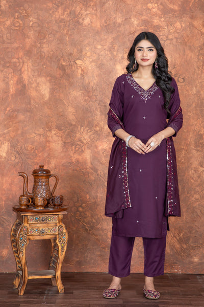 Rivasha Fashion Women Roman Silk With Embroidery Work Kurti With Dupatta And Pant - Purple