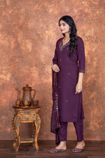 Thumbnail for Rivasha Fashion Women Roman Silk With Embroidery Work Kurti With Dupatta And Pant - Purple