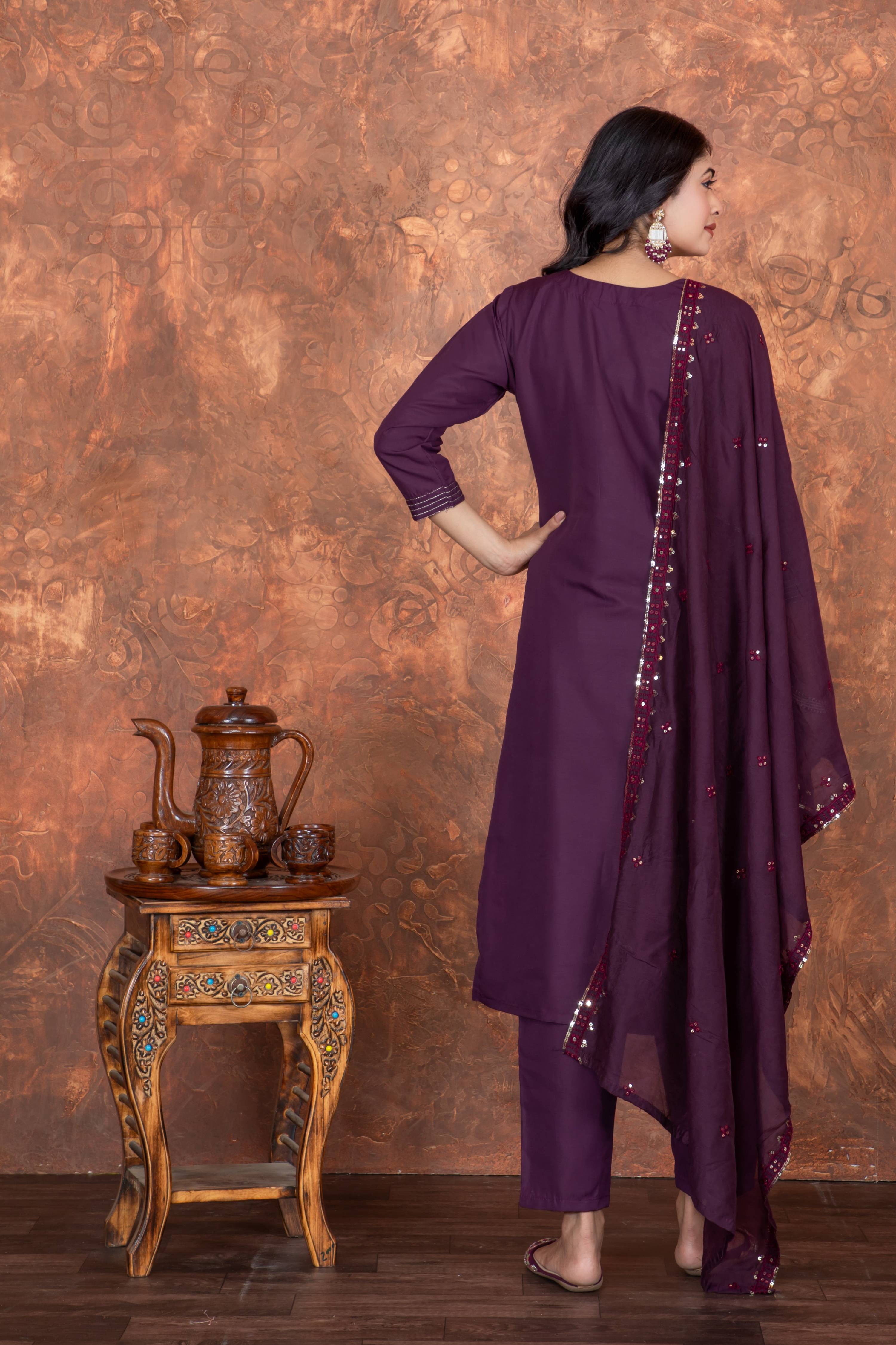 Rivasha Fashion Women Roman Silk With Embroidery Work Kurti With Dupatta And Pant - Purple