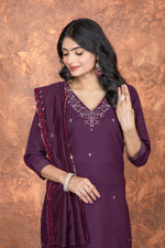 Thumbnail for Rivasha Fashion Women Roman Silk With Embroidery Work Kurti With Dupatta And Pant - Purple