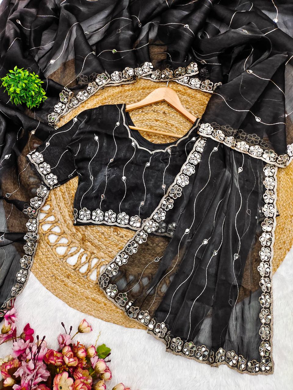 Rivasha Fashion Women Premium Berberry With Heavy Embroidery Work & Real Mirror Saree - Black
