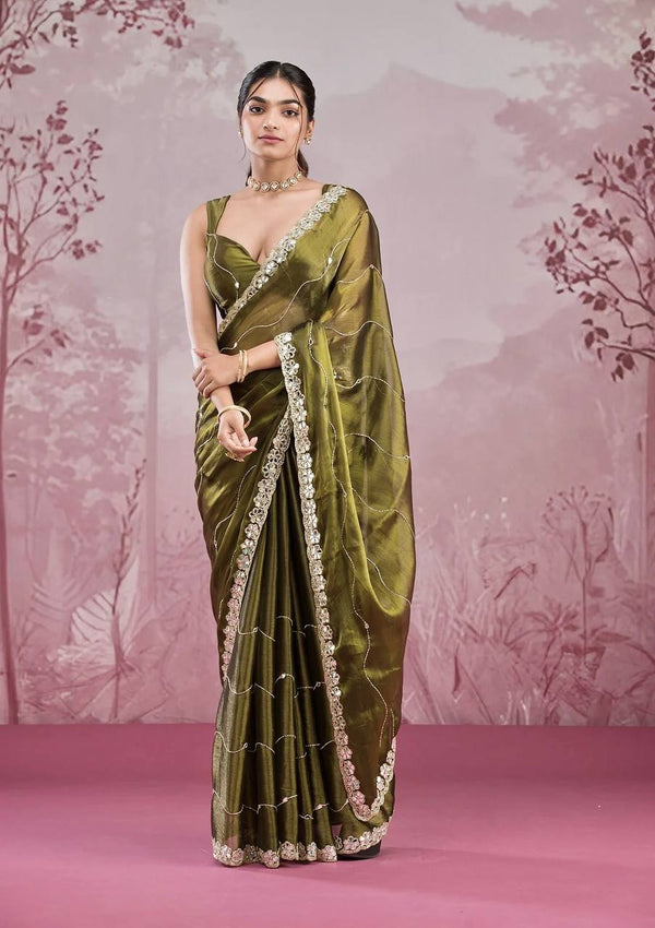 Rivasha Fashion Women Premium Berberry With Heavy Embroidery Work & Real Mirror Saree - Green