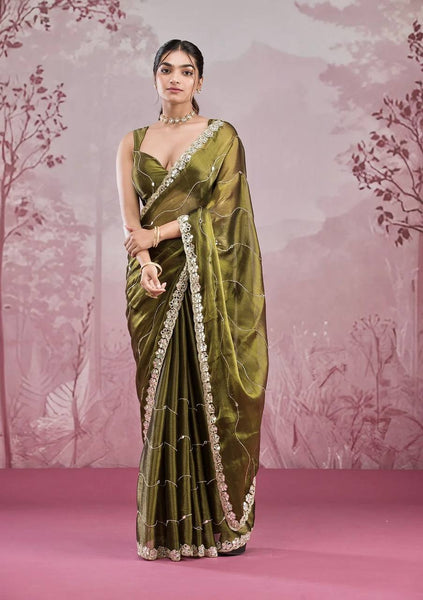 Rivasha Fashion Women Premium Berberry With Heavy Embroidery Work & Real Mirror Saree - Green