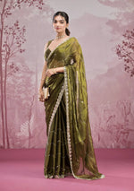Thumbnail for Rivasha Fashion Women Premium Berberry With Heavy Embroidery Work & Real Mirror Saree - Green