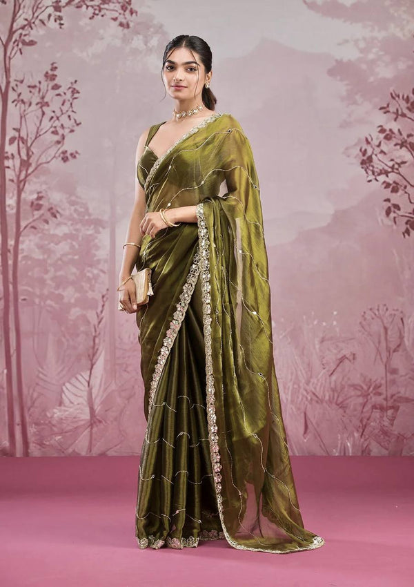 Rivasha Fashion Women Premium Berberry With Heavy Embroidery Work & Real Mirror Saree - Green