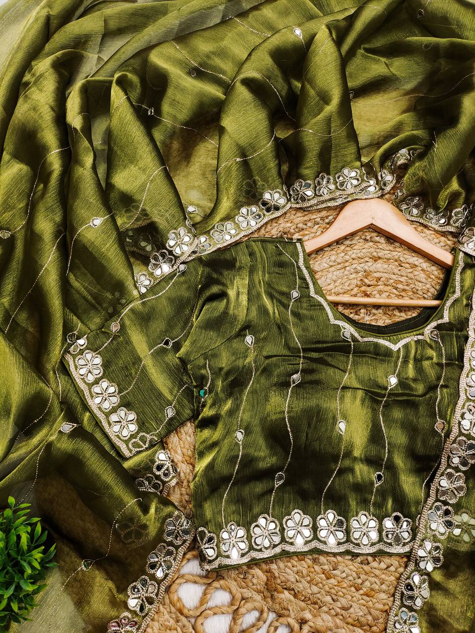 Rivasha Fashion Women Premium Berberry With Heavy Embroidery Work & Real Mirror Saree - Green