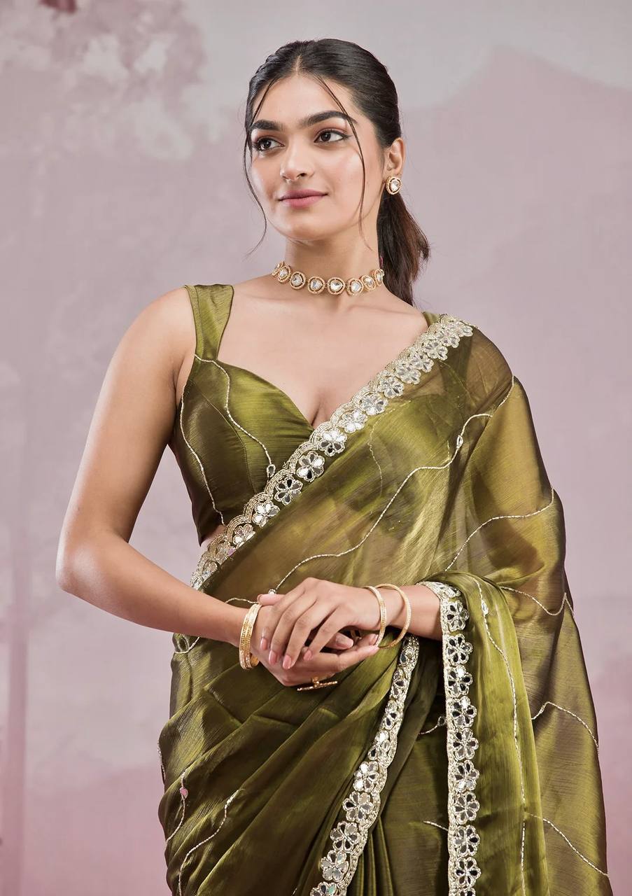 Rivasha Fashion Women Premium Berberry With Heavy Embroidery Work & Real Mirror Saree - Green