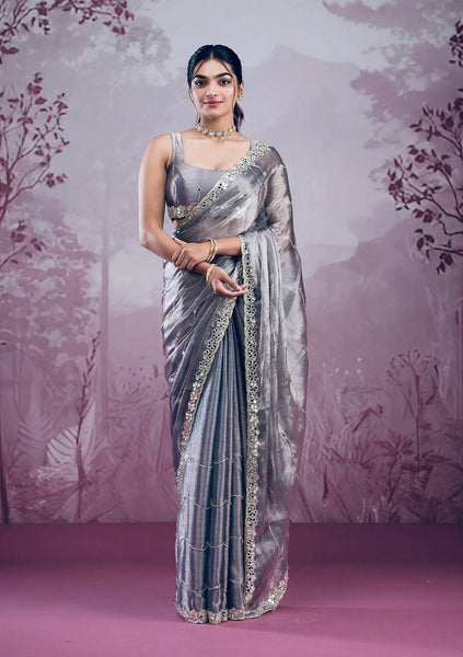 Rivasha Fashion Women Premium Berberry With Heavy Embroidery Work & Real Mirror Saree - Silver