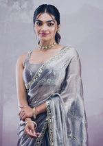 Thumbnail for Rivasha Fashion Women Premium Berberry With Heavy Embroidery Work & Real Mirror Saree - Silver