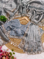 Thumbnail for Rivasha Fashion Women Premium Berberry With Heavy Embroidery Work & Real Mirror Saree - Silver