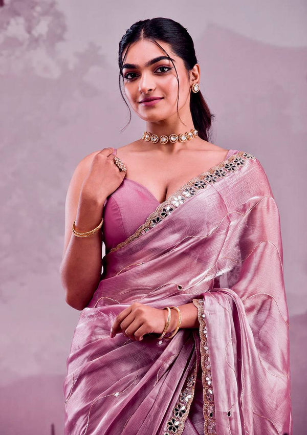 Rivasha Fashion Women Premium Berberry With Heavy Embroidery Work & Real Mirror Saree - Light Pink