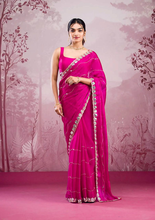 Rivasha Fashion Women Premium Berberry With Heavy Embroidery Work & Real Mirror Saree - Dark Pink