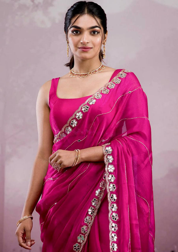 Rivasha Fashion Women Premium Berberry With Heavy Embroidery Work & Real Mirror Saree - Dark Pink