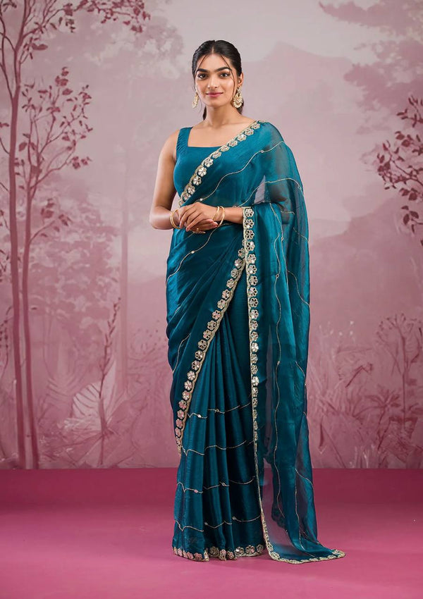 Rivasha Fashion Women Premium Berberry With Heavy Embroidery Work & Real Mirror Saree - Rama