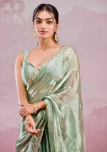Thumbnail for Rivasha Fashion Women Premium Berberry With Heavy Embroidery Work & Real Mirror Saree - Light Green