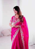 Thumbnail for Rivasha Fashion Women Premium Jimmy Choo With Heavy Embroidery Work & Real Mirror Saree - Pink