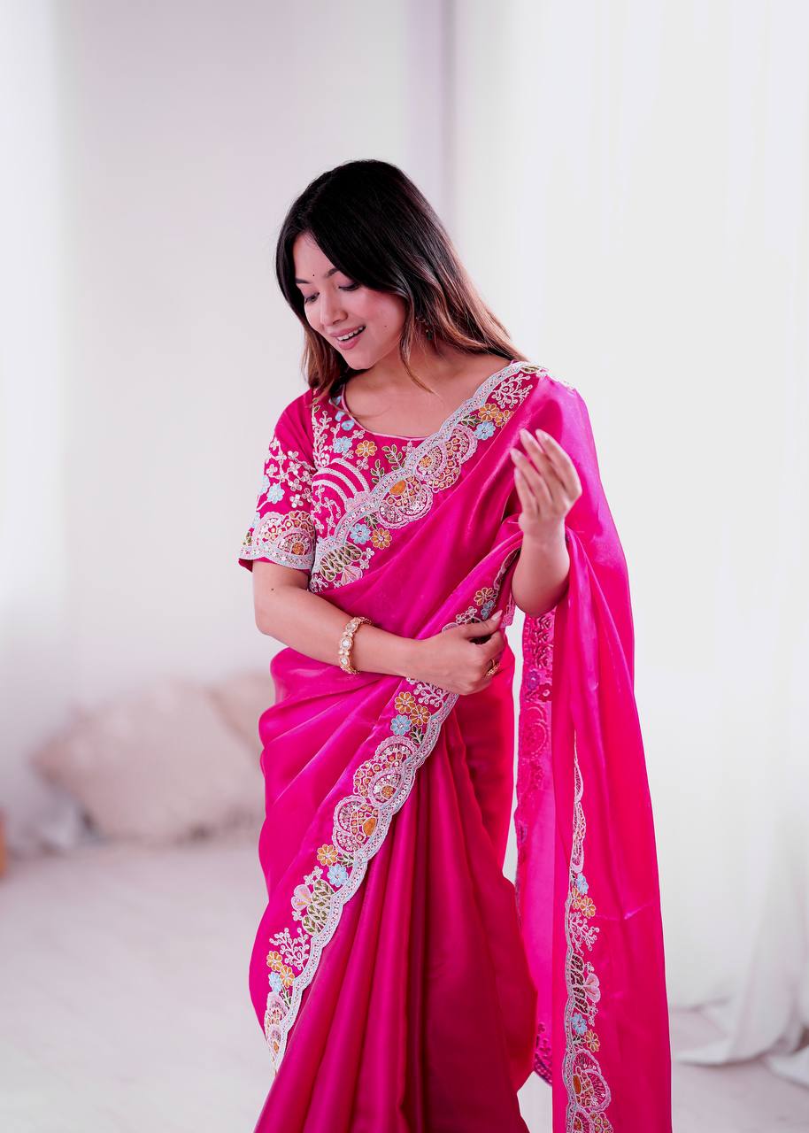 Rivasha Fashion Women Premium Jimmy Choo With Heavy Embroidery Work & Real Mirror Saree - Pink