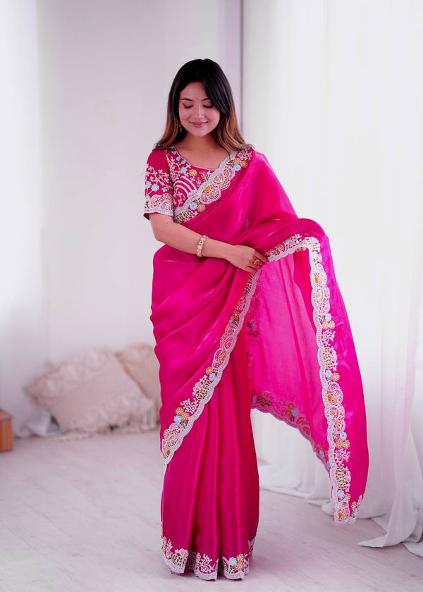 Rivasha Fashion Women Premium Jimmy Choo With Heavy Embroidery Work & Real Mirror Saree - Pink