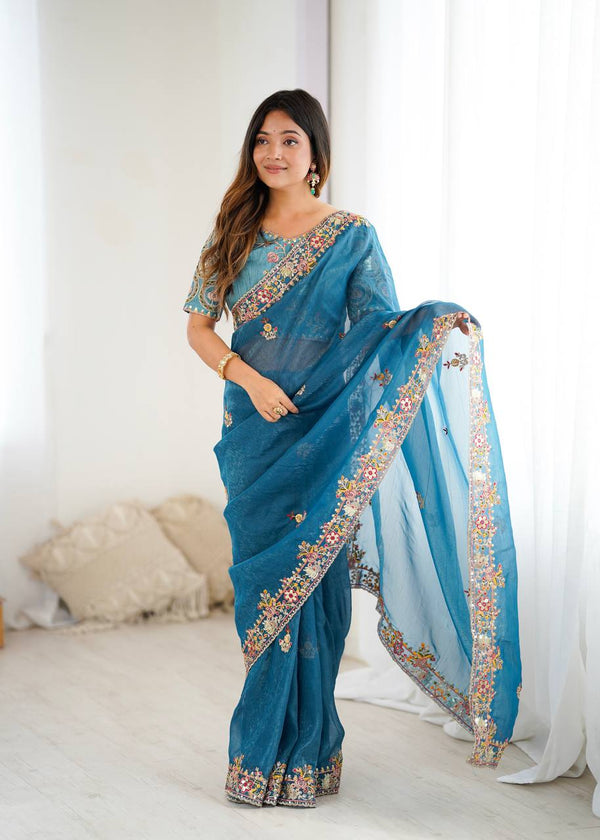 Rivasha Fashion Women Premium Crunchy Silk With Heavy Embroidery Work & Real Mirror Saree - Blue