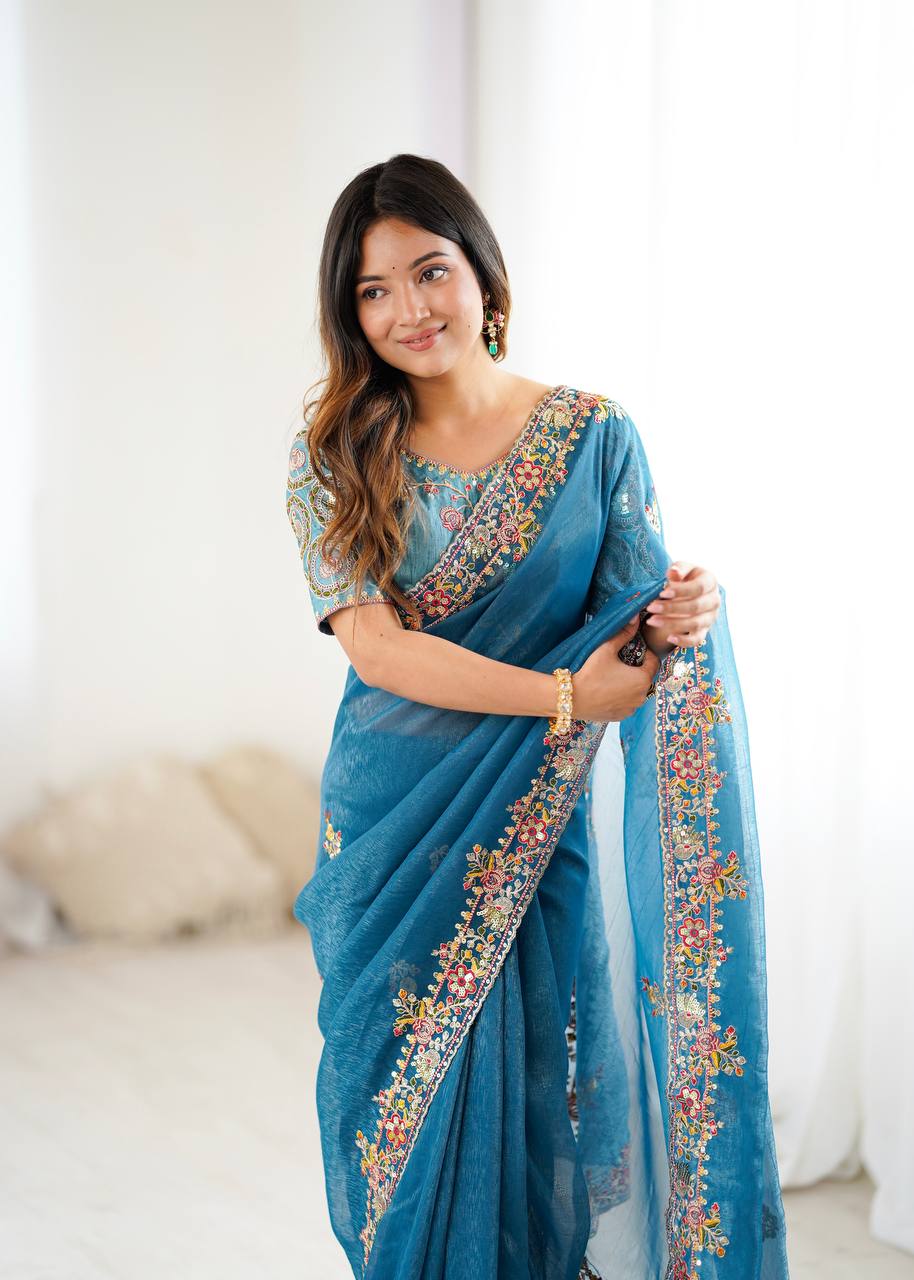 Rivasha Fashion Women Premium Crunchy Silk With Heavy Embroidery Work & Real Mirror Saree - Blue
