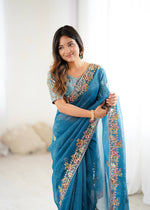 Thumbnail for Rivasha Fashion Women Premium Crunchy Silk With Heavy Embroidery Work & Real Mirror Saree - Blue