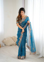Thumbnail for Rivasha Fashion Women Premium Crunchy Silk With Heavy Embroidery Work & Real Mirror Saree - Blue