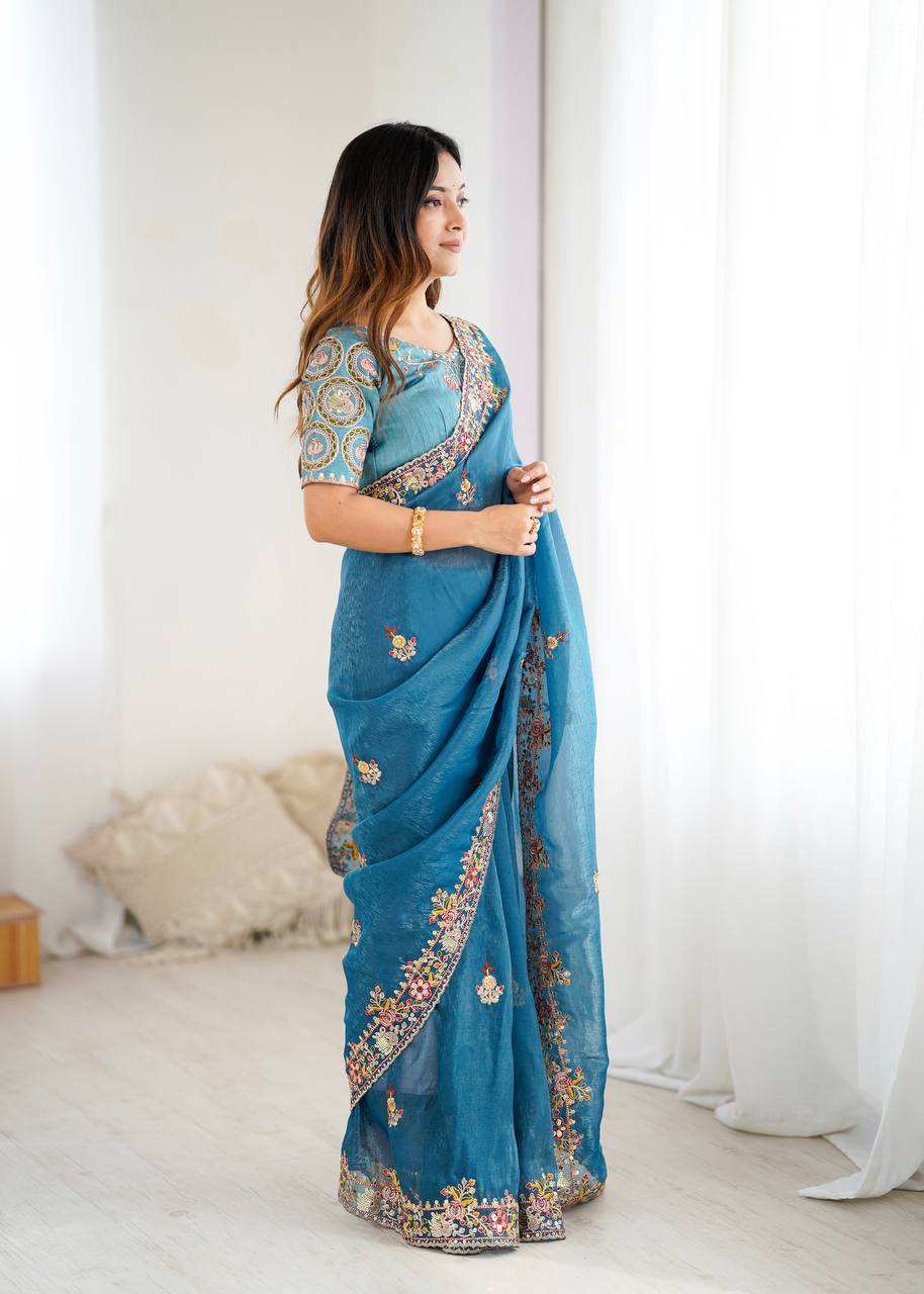 Rivasha Fashion Women Premium Crunchy Silk With Heavy Embroidery Work & Real Mirror Saree - Blue