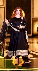Thumbnail for Rivasha Fashion Women Rayon Cotton With Heavy 3/5Mm Sequins & Zari Thread Embroidery Work Gown With Dupatta And Pant - Black