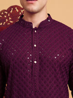 Thumbnail for Rivasha Fashion Men Rayon With Lucknowi Chikankari Work Kurta - Wine