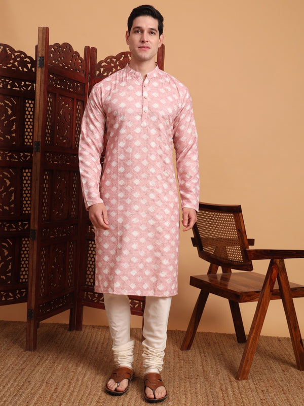 Rivasha Fashion Men Cotton Printed With Chikankari Work Kurta - Pink