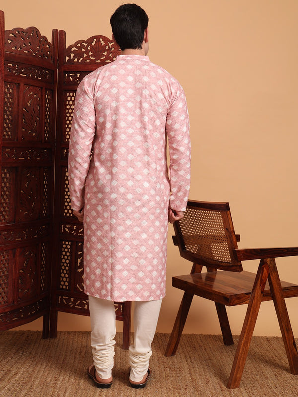 Rivasha Fashion Men Cotton Printed With Chikankari Work Kurta - Pink
